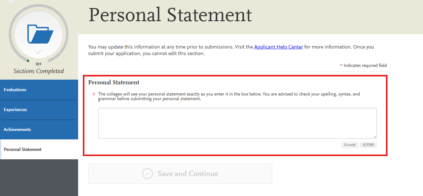 AACOMAS Personal Statement subsection