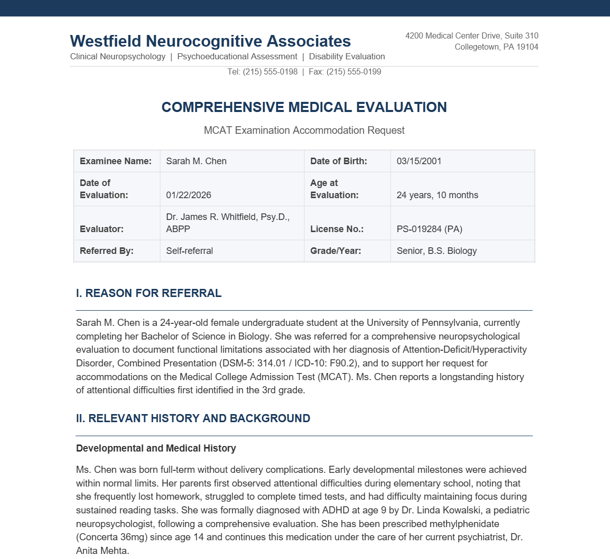 Example of a medical evaluation for MCAT accommodations