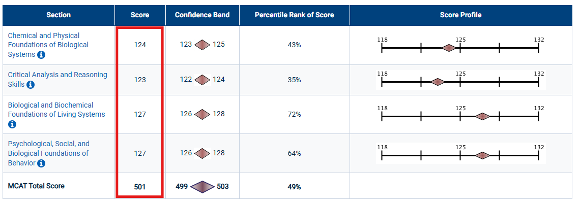 Example MCAT practice test score report