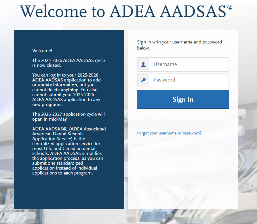 Screenshot of ADEA AADSAS portal