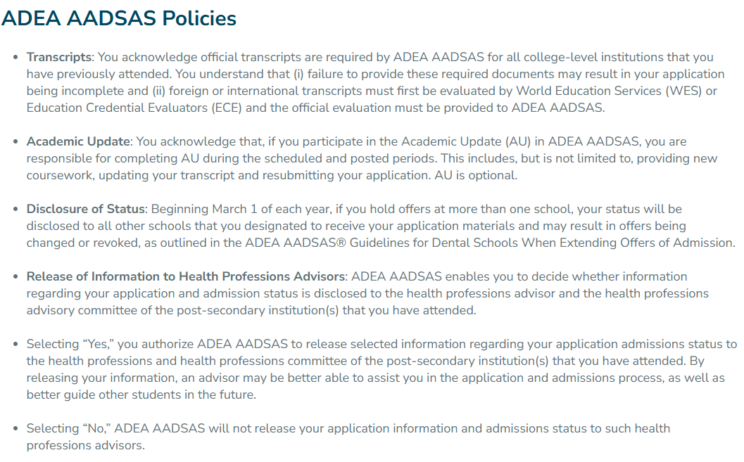 ADEA AADSAS Applicant Agreement Statement