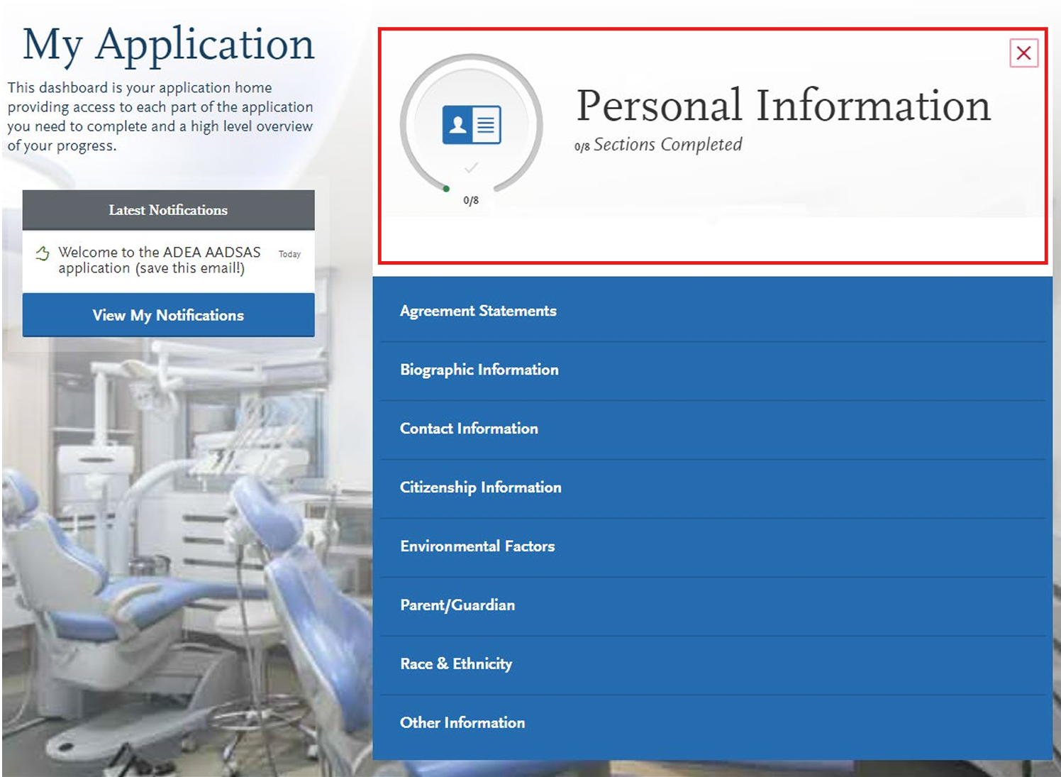 Screenshot of the AADSA Personal Information section