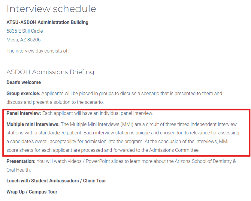 Screenshot of A.T. Still University's Arizona School of Dentistry's interview day schedule.