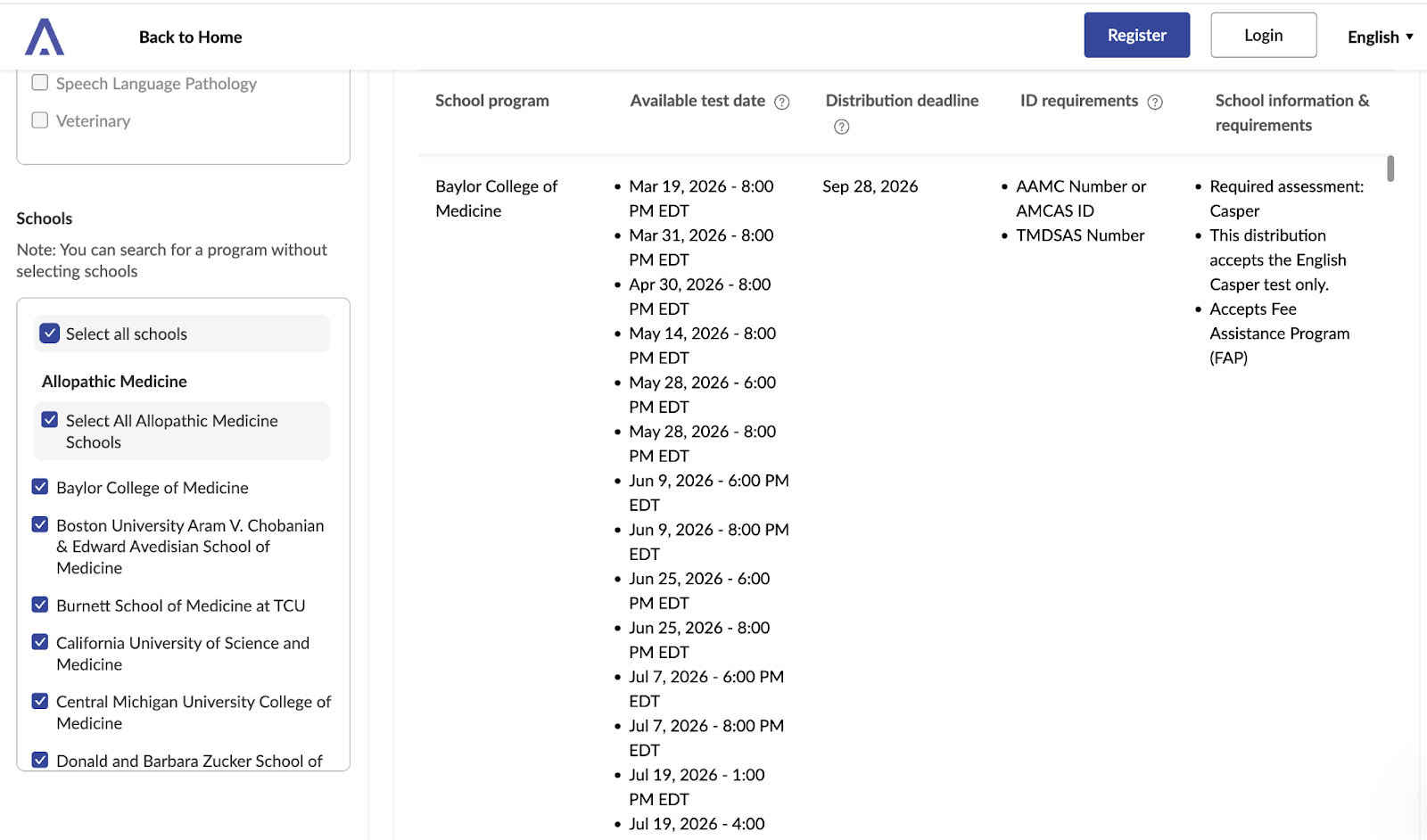 Acuity's test date and information page