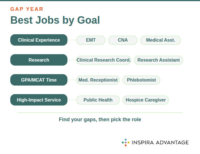 Infographic mapping gap year jobs to four application goals