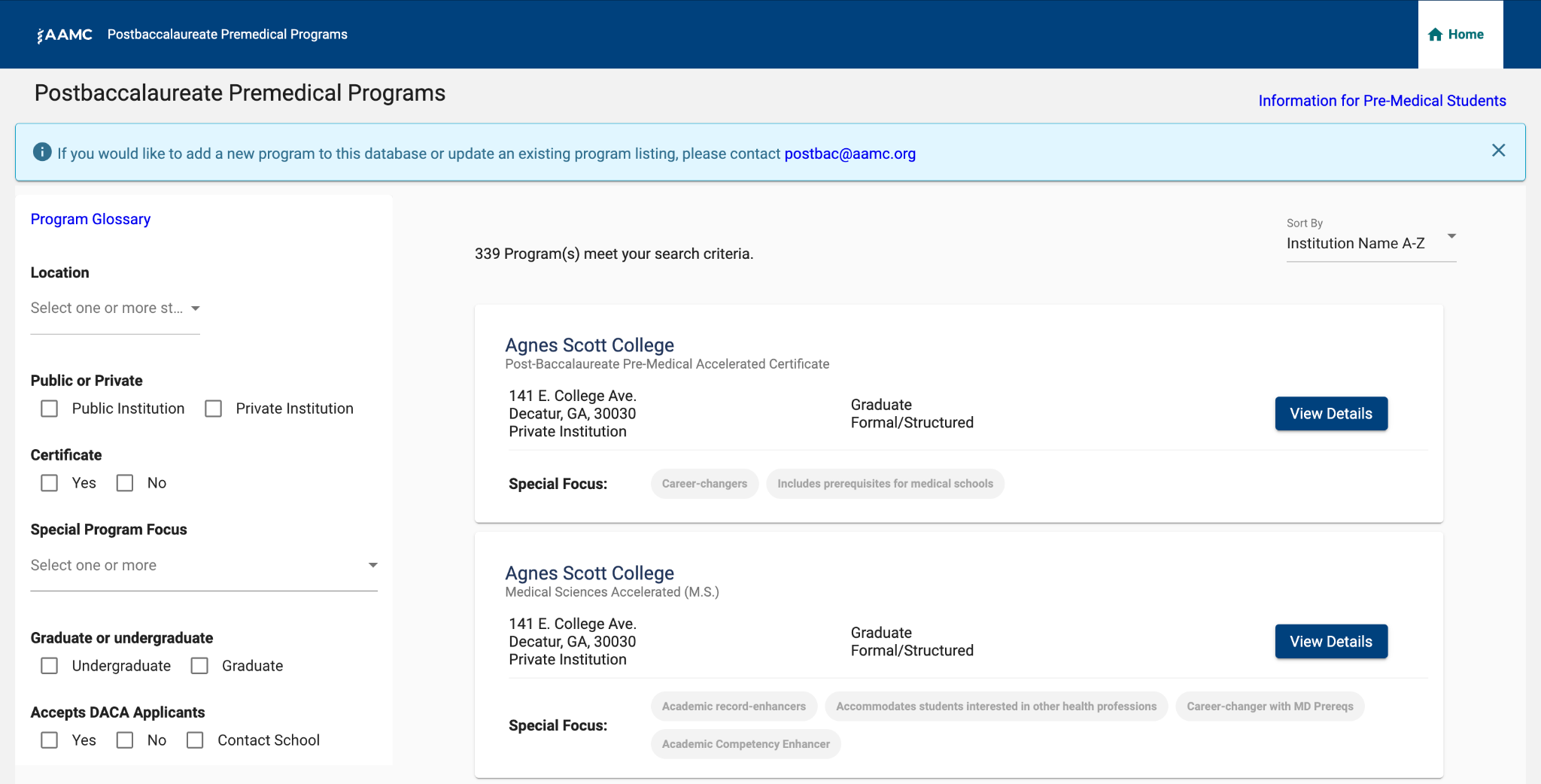 AAMC post-bacc program finder