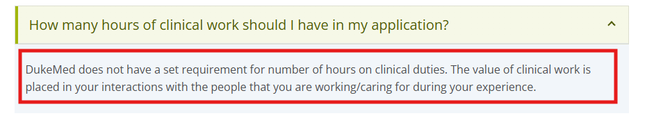 Screenshot of clinical experience requirements for Duke University School of Medicine.