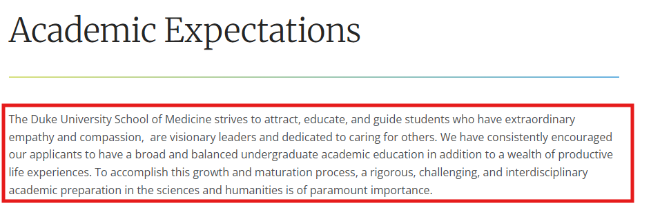Screenshot of what Duke University School of Medicine looks for in competitive applicants.