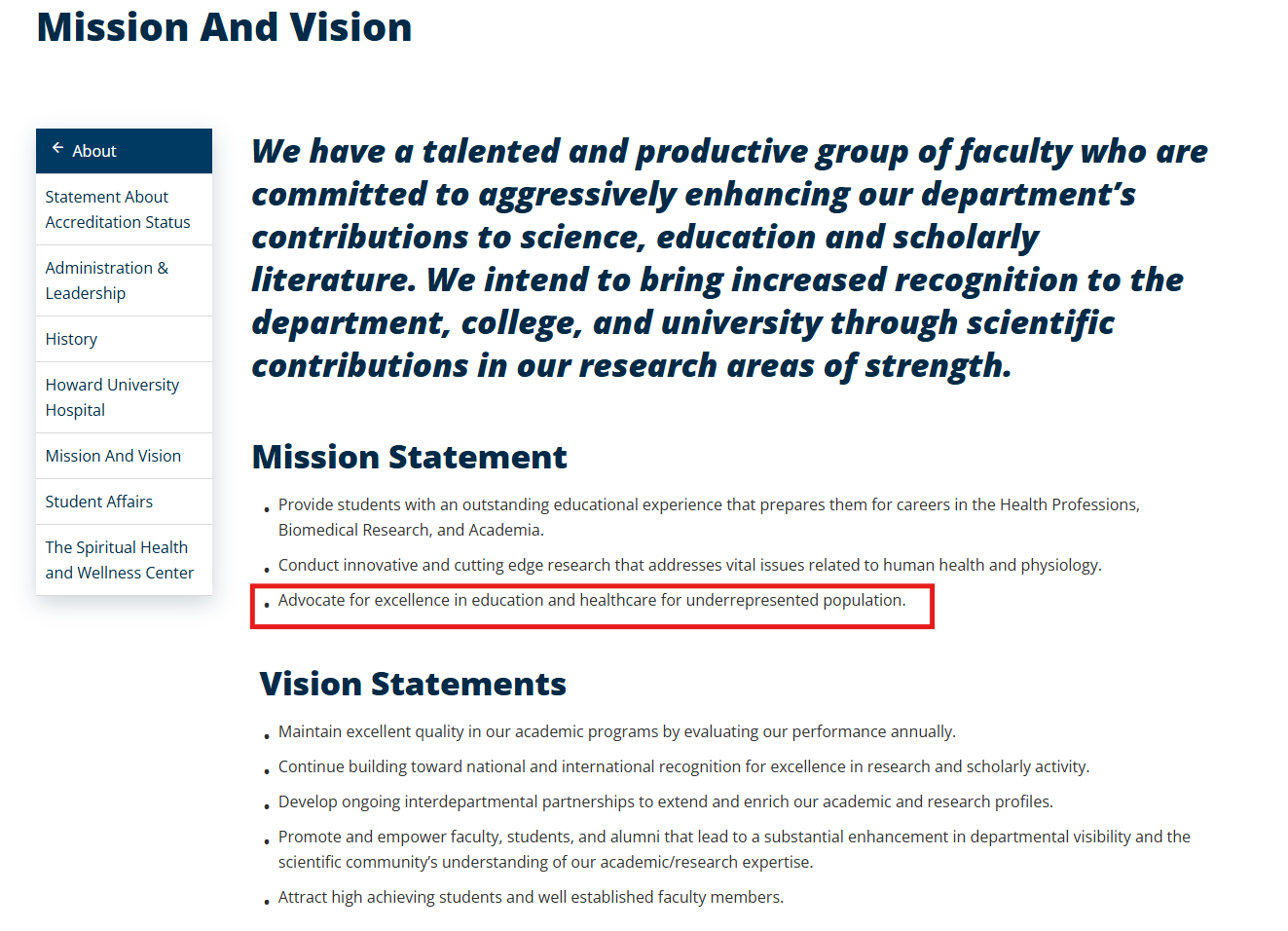 Screenshot of HUCM's mission and vision.