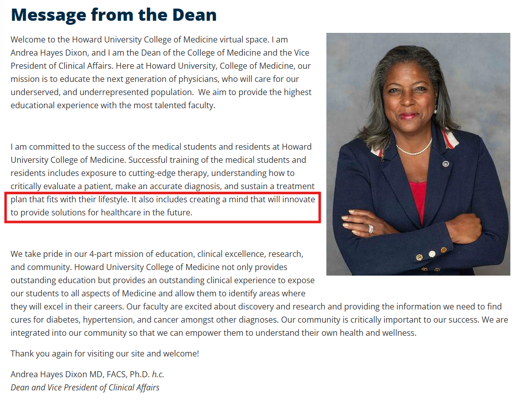 Screenshot of HUCM's message from the Dean of the College of Medicine.