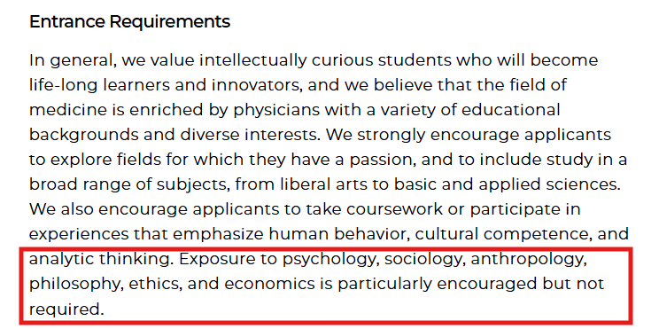Screenshot of Pritzker School of Medicine entrance requirements.
