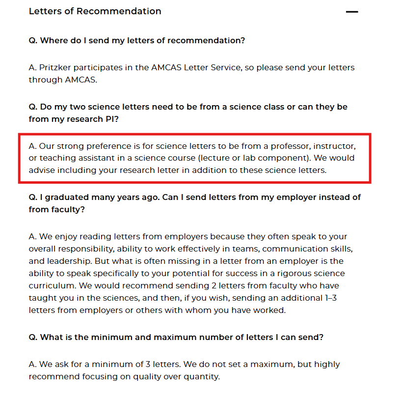 Screenshot of letters of recommendation requirements at Pritzker
