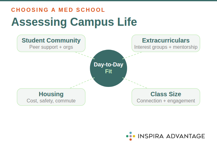 Graphic of how to assess campus life when deciding on a medical school