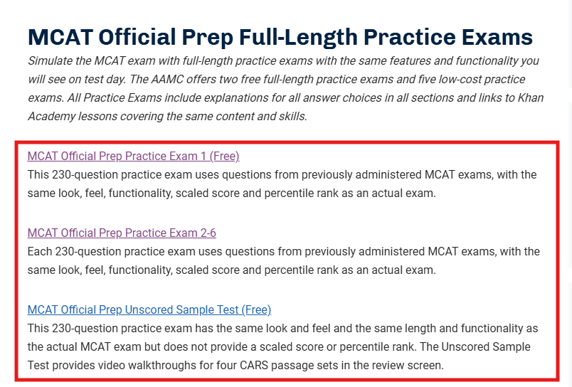Three official AAMC MCAT practice tests.