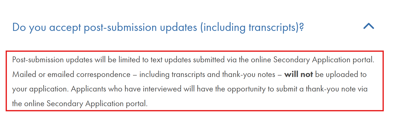 Screenshot of Georgetown University School of Medicine's update letter policy.