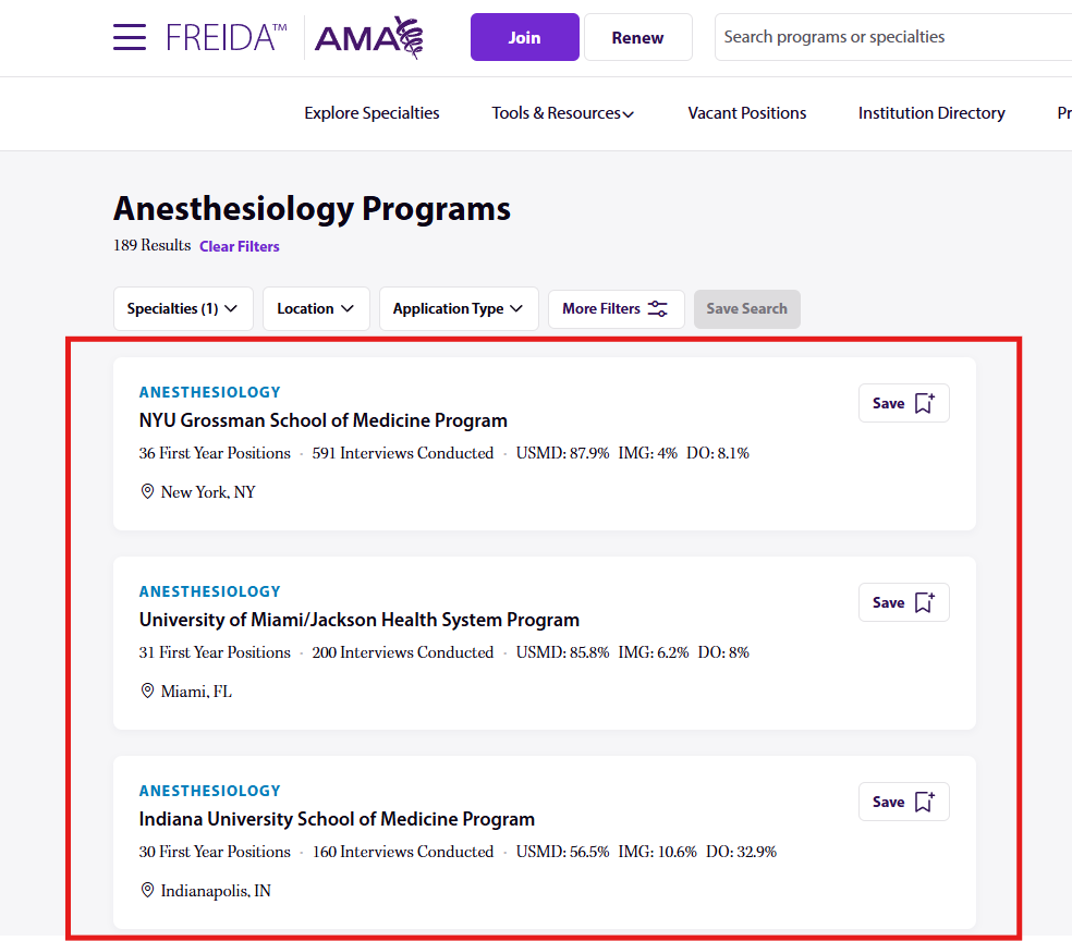 Screenshot of searching for medical residency programs through FREIDA.