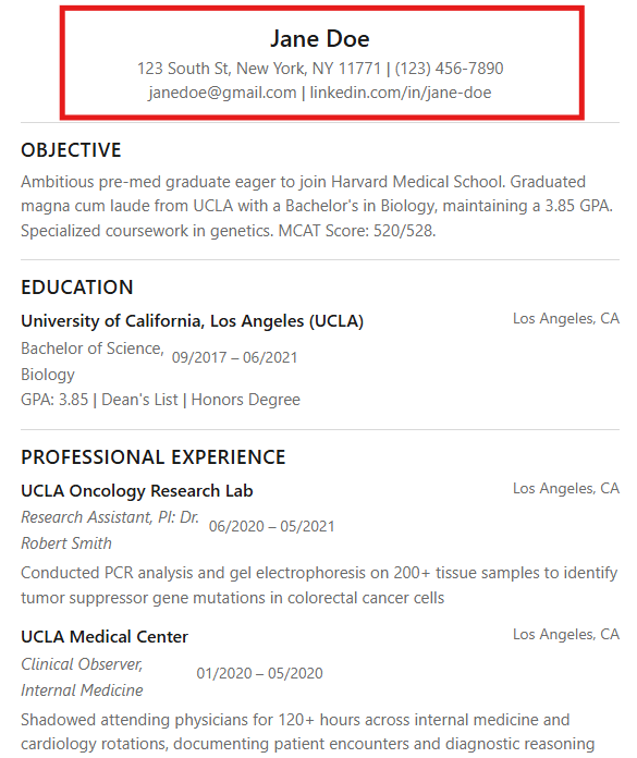 Screenshot of an effective identification and contact information in a pre-med resume.