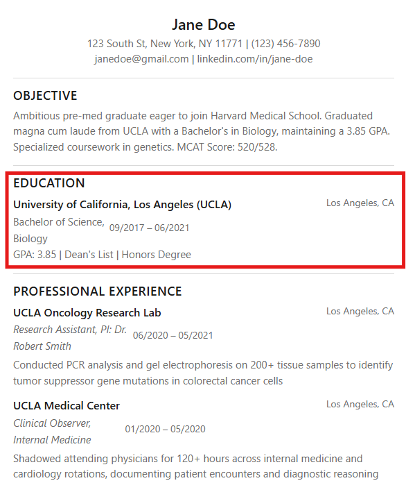 Screenshot of an effective education section in a pre-med resume.