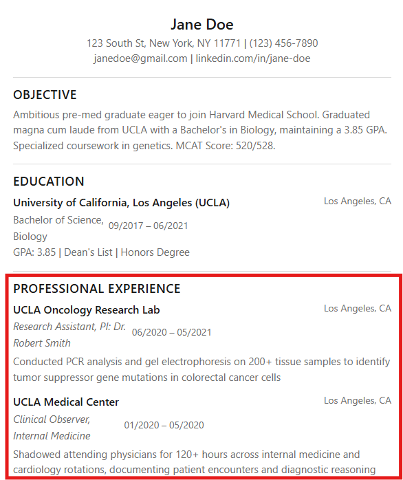 Screenshot of an effective professional experience section in a pre-med resume.