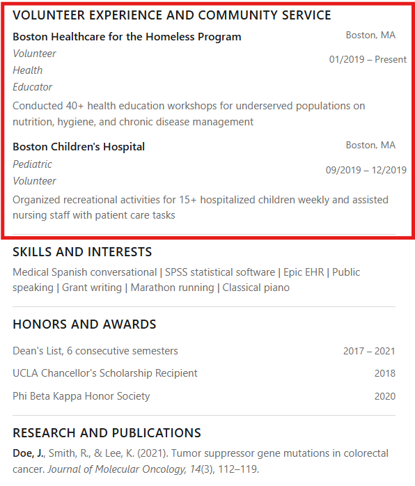Screenshot of an effective volunteer experience and community service section in a pre-med resume.