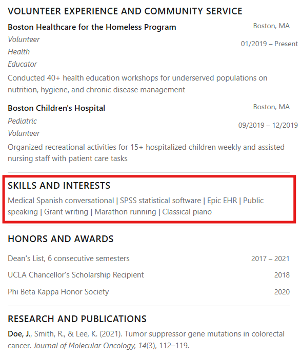 creenshot of an effective skills and interests section in a pre-med resume.