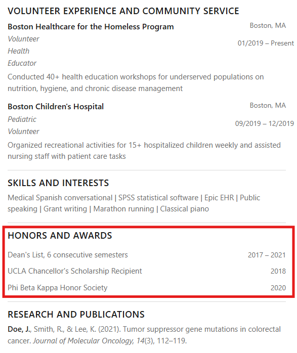 Screenshot of an effective honors and awards section in a pre-med resume.