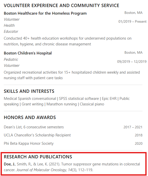 Screenshot of an effective research and publications section in a pre-med resume.