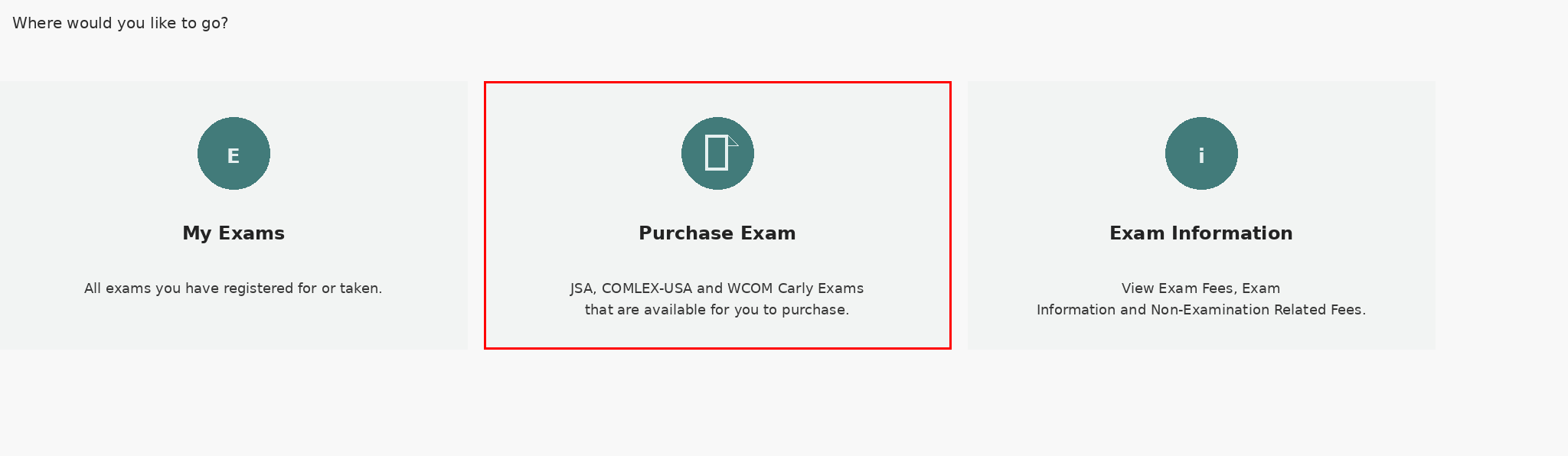 Screenshot of the Purchase Exam section in the NBOME portal