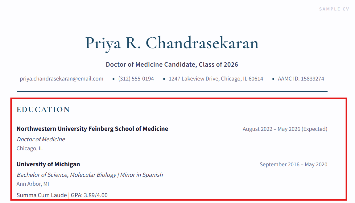 Example of Education section on the residency CV.