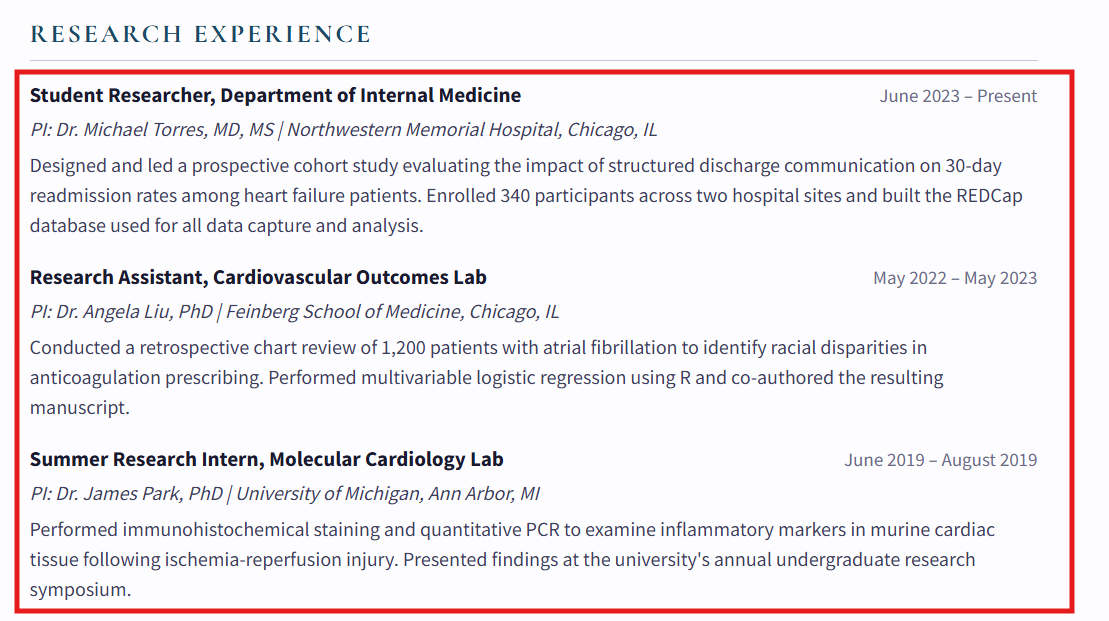 Example of the Research Experience section on the residency CV.