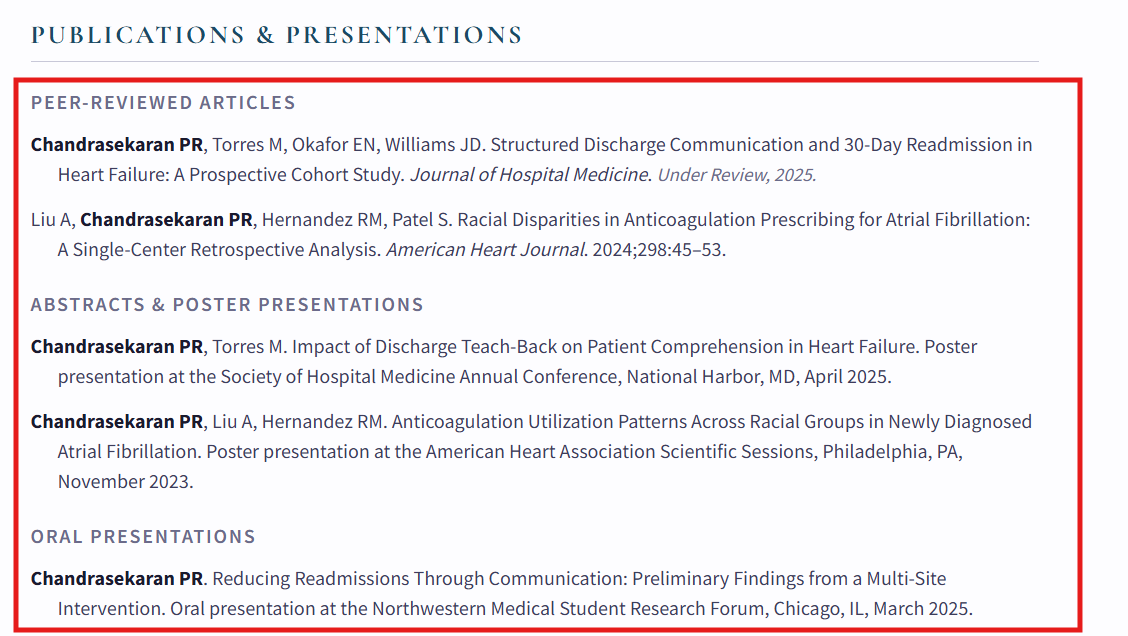 Example of the Publications & Presentations section on the residency CV.