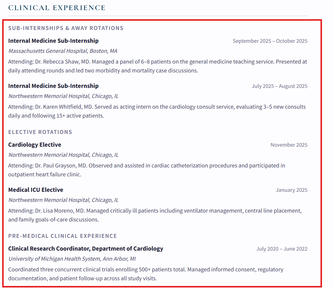 Example of the Clinical Experience section on the residency CV.