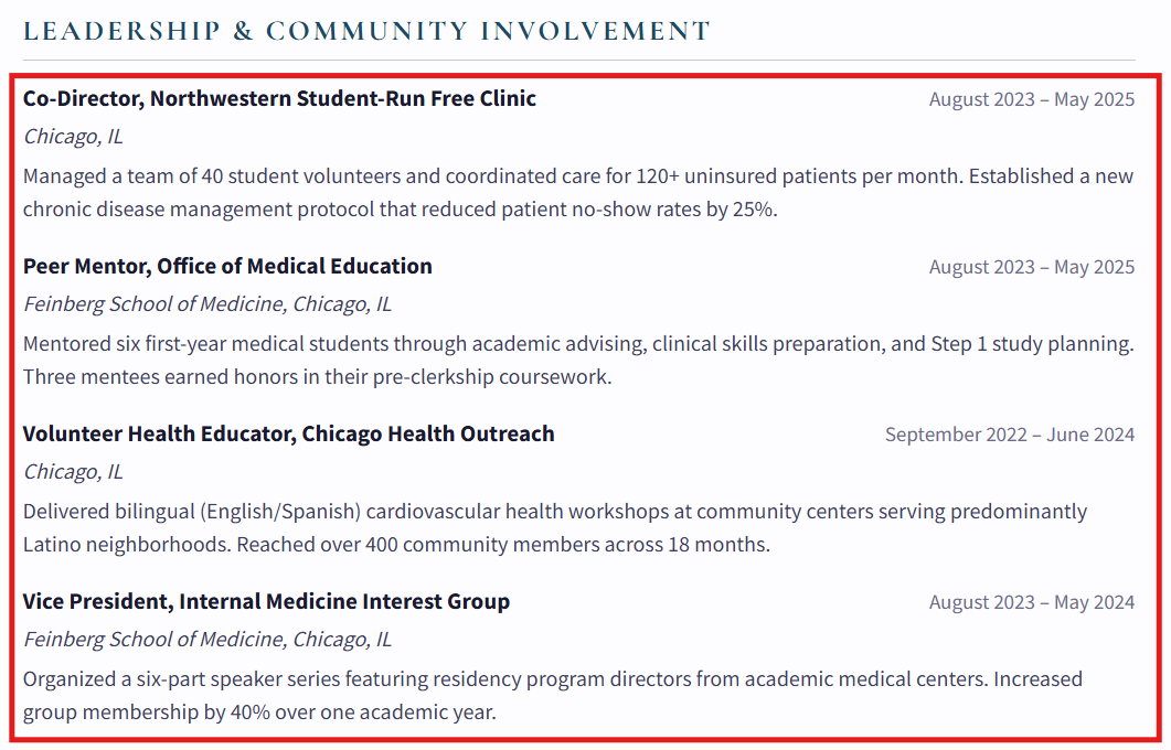 Example of the Leadership & Community Involvement section on the residency CV.