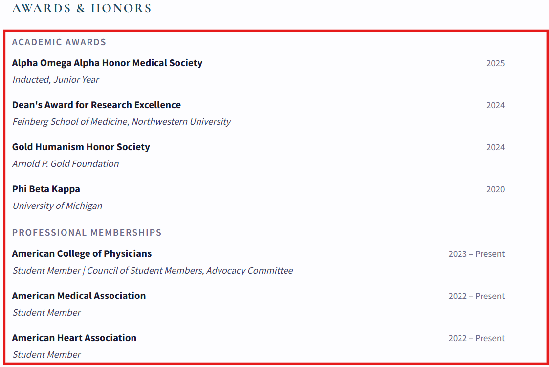 Example of the Awards & Honors section on the residency CV.