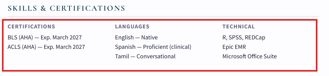 Example of the Skills & Certifications section on the residency CV.