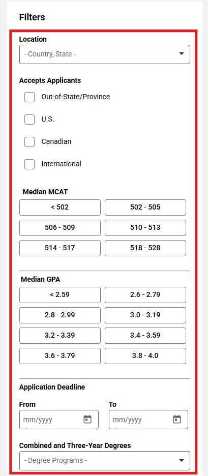 Screenshot of filters in the MSAR.