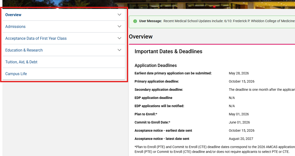 Screenshot of application details for the University of California, San Diego School of Medicine in the MSAR.