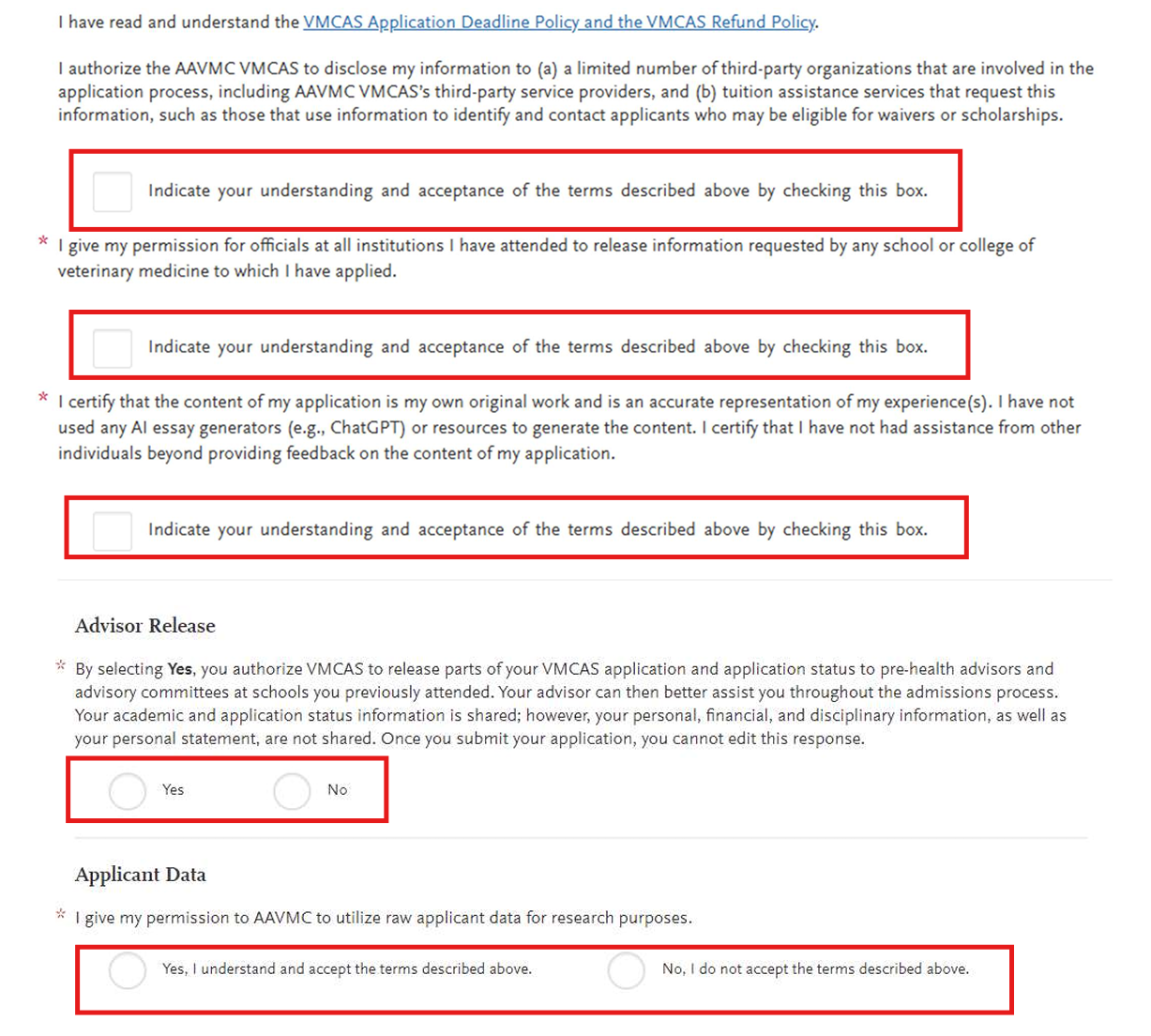 Screenshot of VMCAS release statements