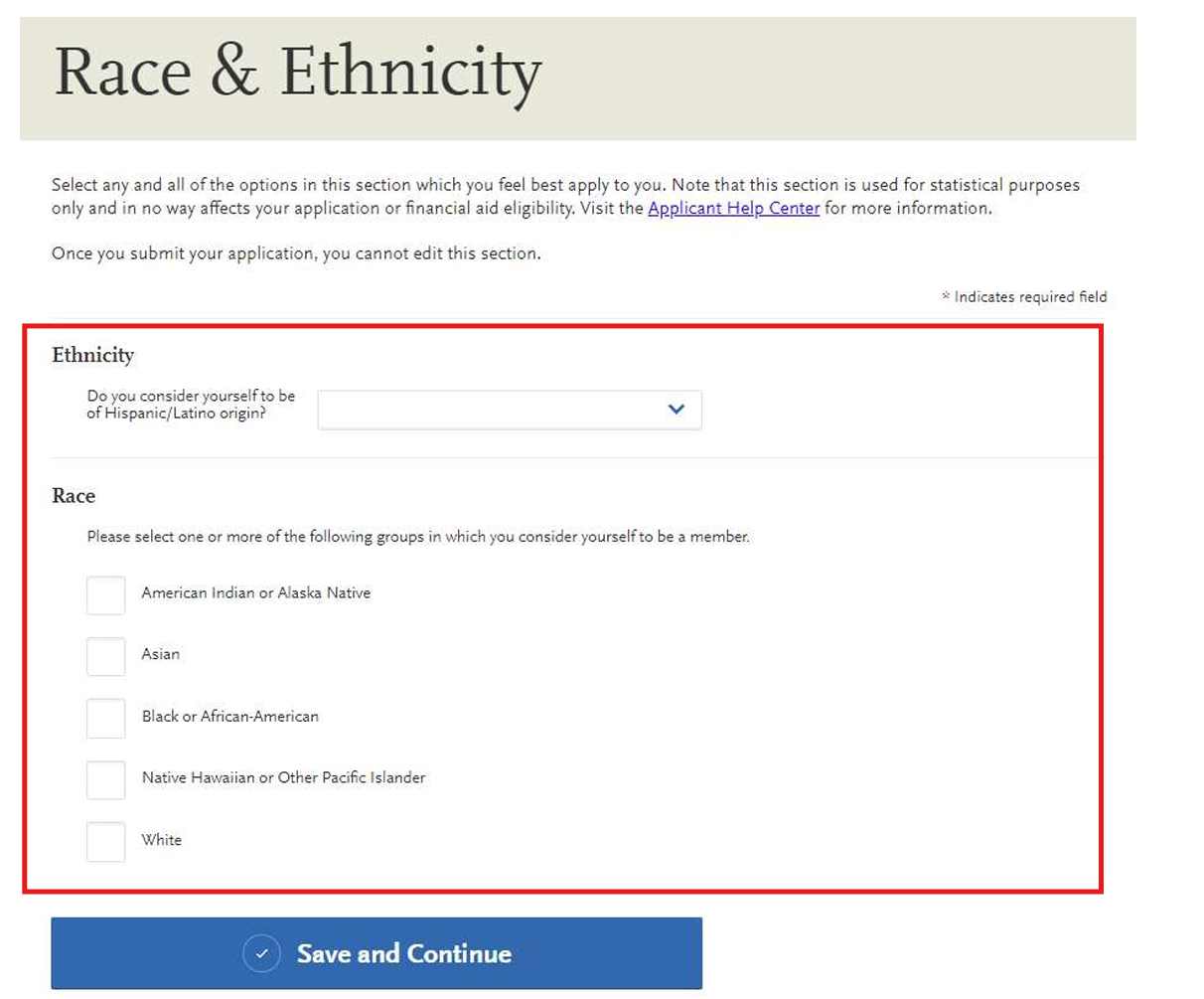 Screenshot of the Race & Ethnicity subsection on the VMCAS