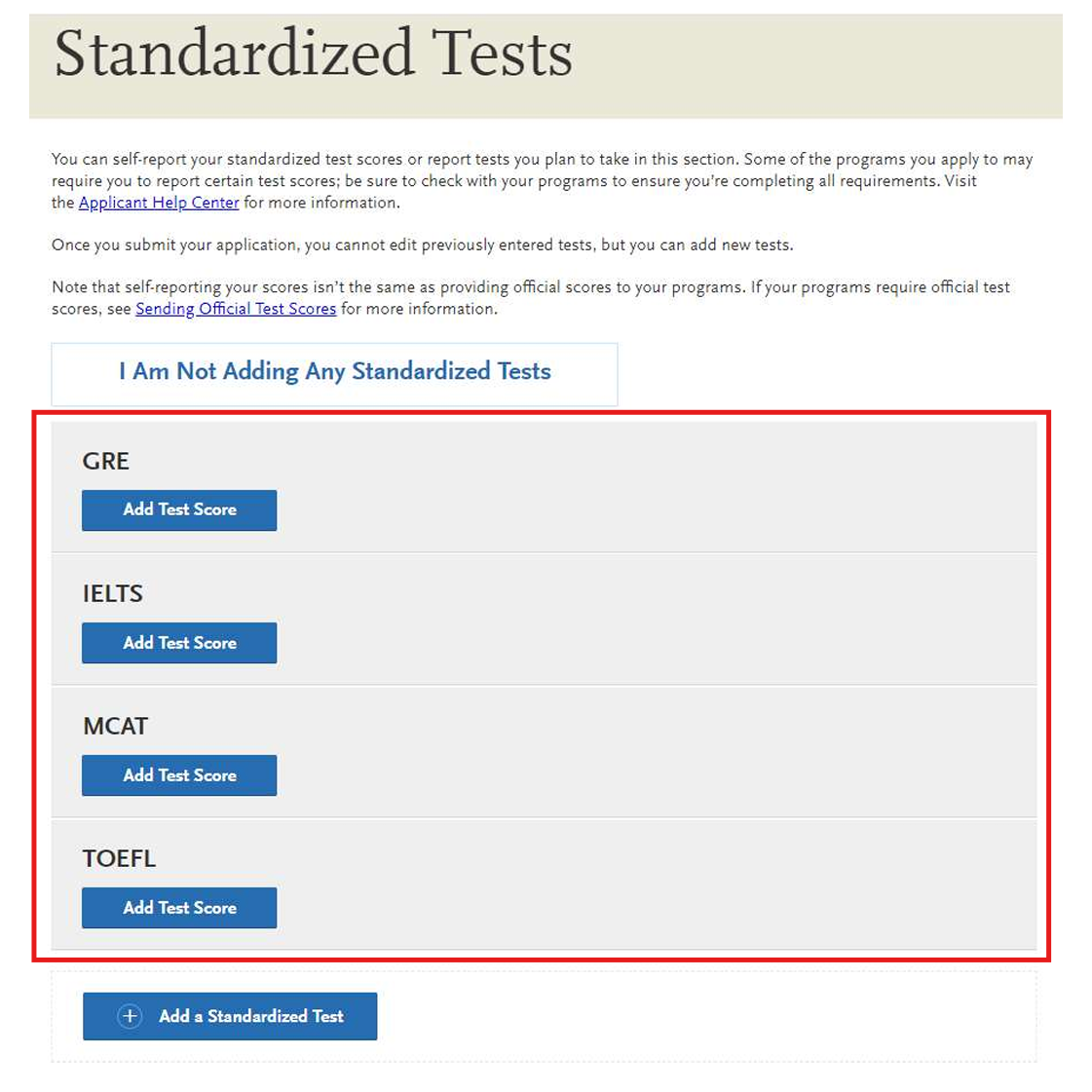 Screenshot of the accepted standardized tests on the VMCAS
