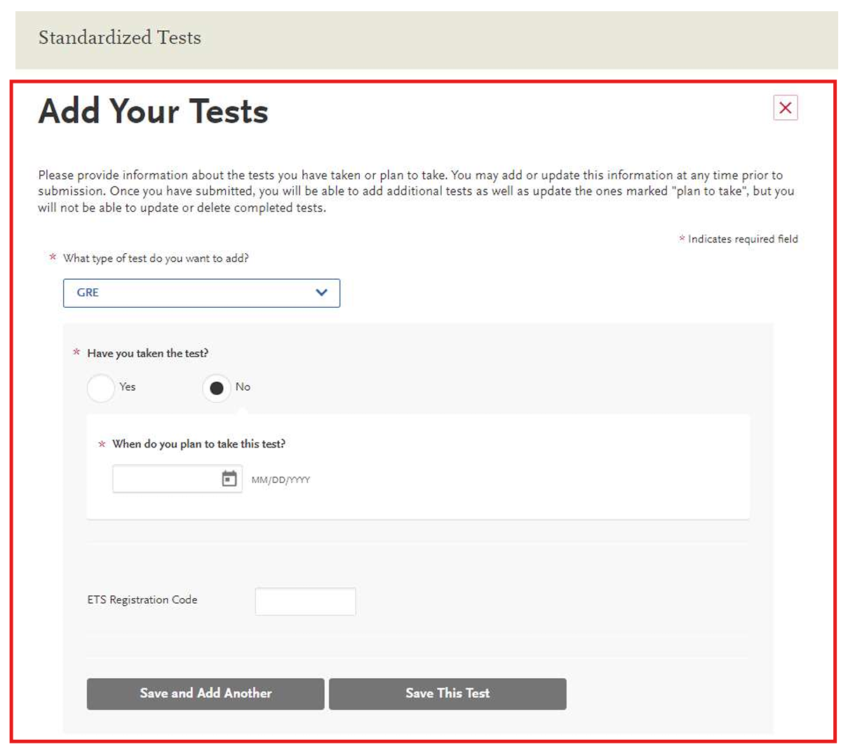 Screenshot of the Standardized Tests subsection on the VMCAS