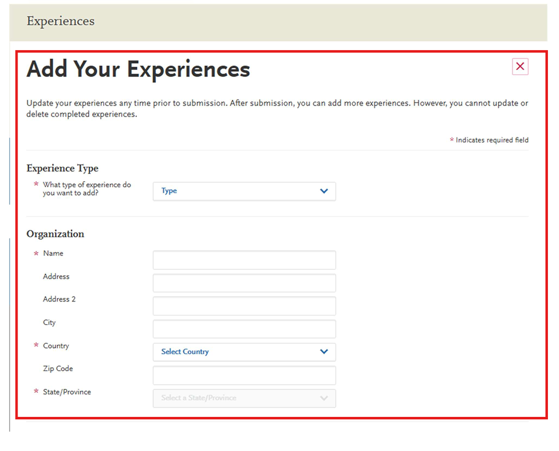 Screenshot of the Experiences subsection on the VMCAS