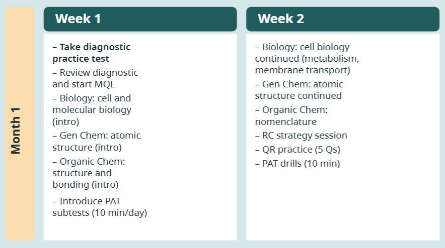 Graphic of Inspira Advantage's 6-month DAT study schedule