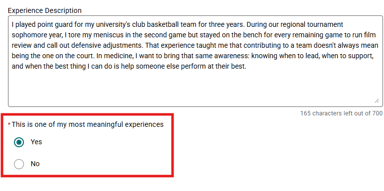 Screenshot of designating a hobby as one of the three most meaningful experiences in the AMCAS