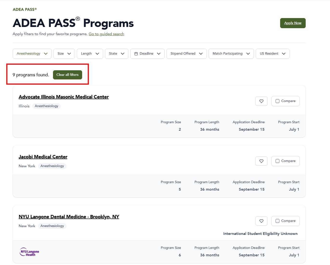 Screenshot of nine dental anesthesiology residency programs in the ADEA PASS