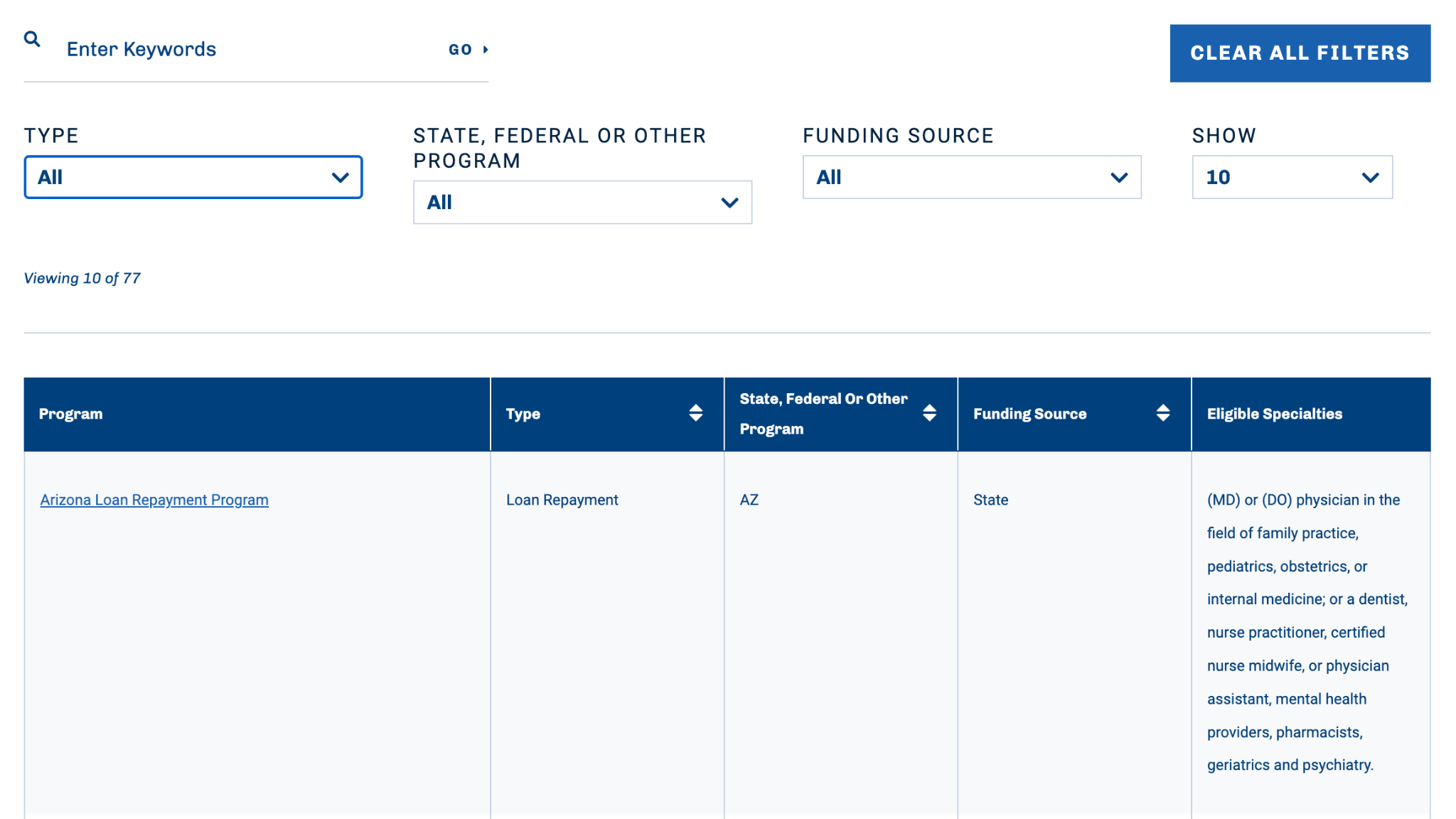 Screenshot of AAMC FIRST's Loan Forgiveness, Scholarship, and Service Programs database