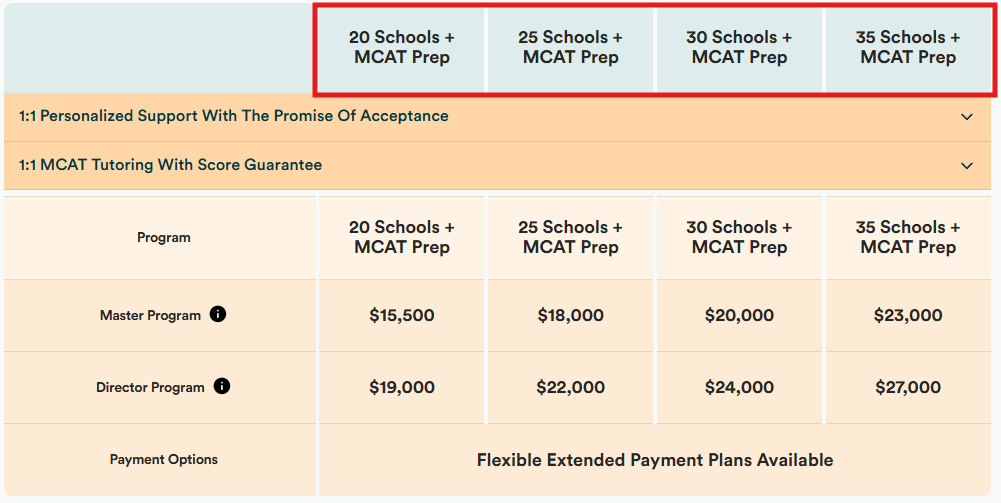 Screenshot of Inspira Advantage's medical advising page that shows MCAT + application plans bundled together