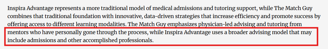 Screenshot of The Match Guy's comparison article that says Inspira Advantage only works with admissions and other accomplished professionals