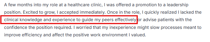 Screenshot of Michelle's personal statement that admitted she lacked clinical experience