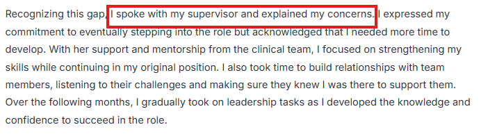 Screenshot of Michelle's personal statement that suggested she spoke with her supervisor about her concerns